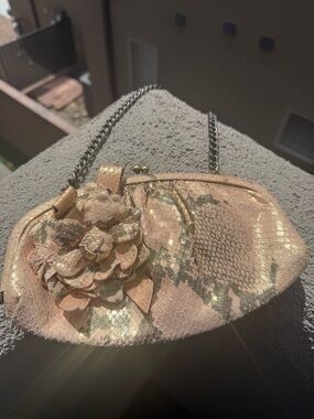 Isabella Fiore Gold Metallic Snakeskin Clutch | Flower Embellishment | Chain St